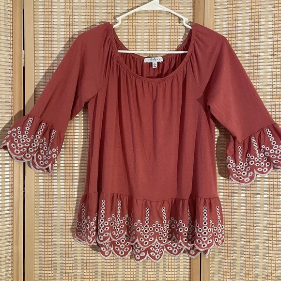 FEVER Womens S TUNIC TOP Burnt Orange Eyelet‎ Scalloped Bell 3/4 Sleeve Boho - Picture 1 of 11